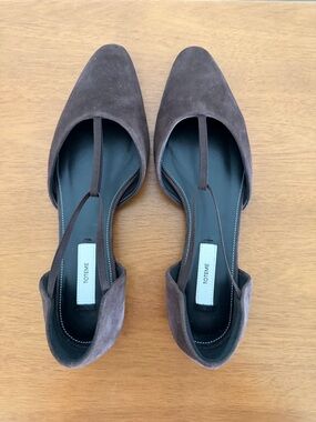 TOTEME: The T-strap suede point-toe flats on brown suede